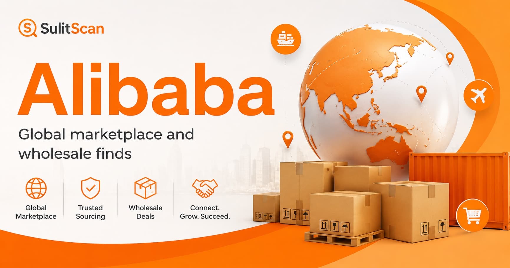 Alibaba banner showing global marketplace, shipping boxes, and international sourcing concept