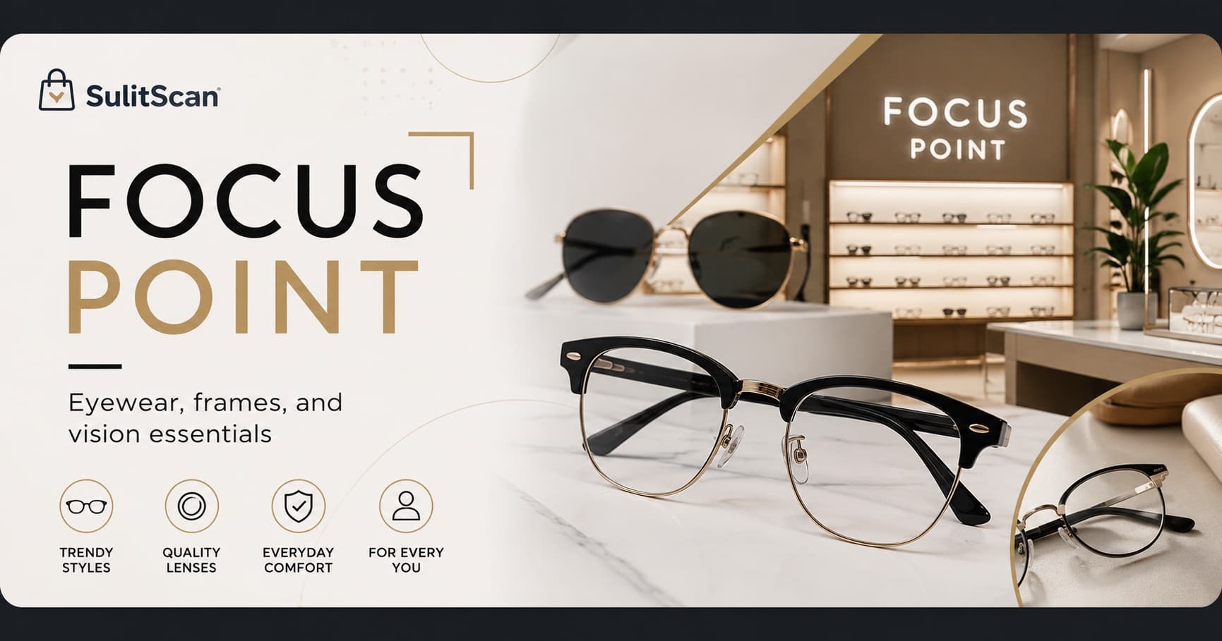 Focus Point banner showing eyewear, frames, and optical store display