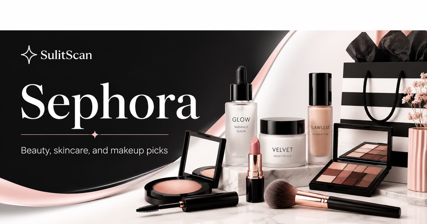 Sephora banner showing skincare, makeup, and beauty products