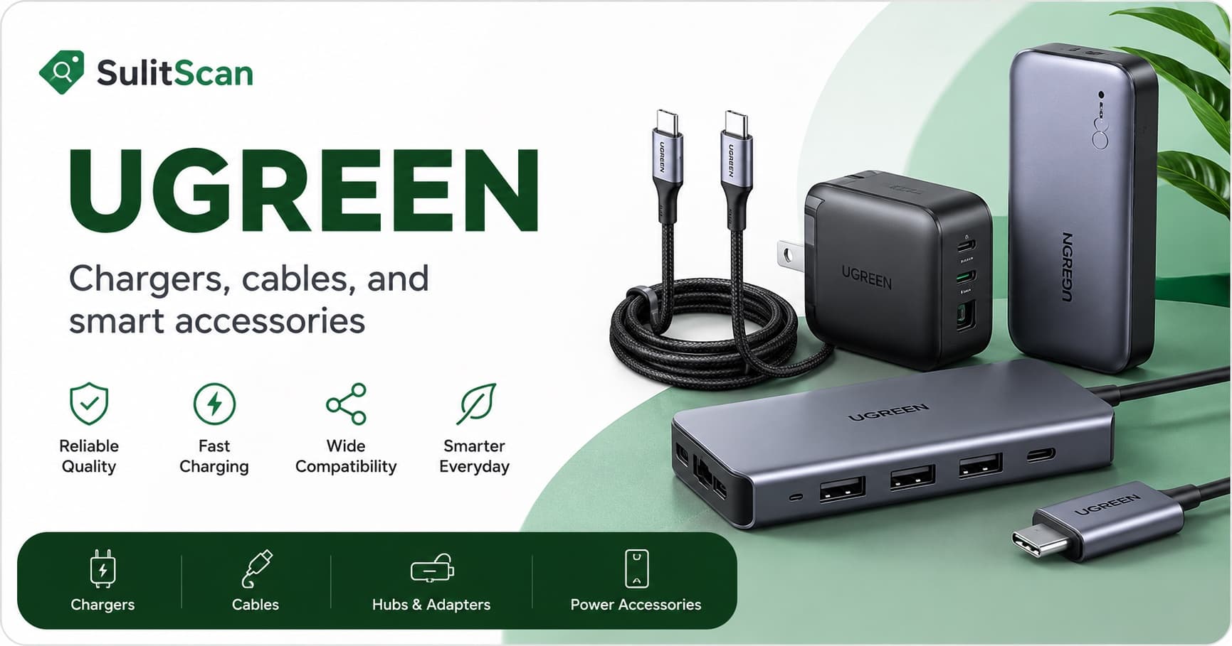 UGREEN banner showing chargers, cables, USB hubs, and power accessories