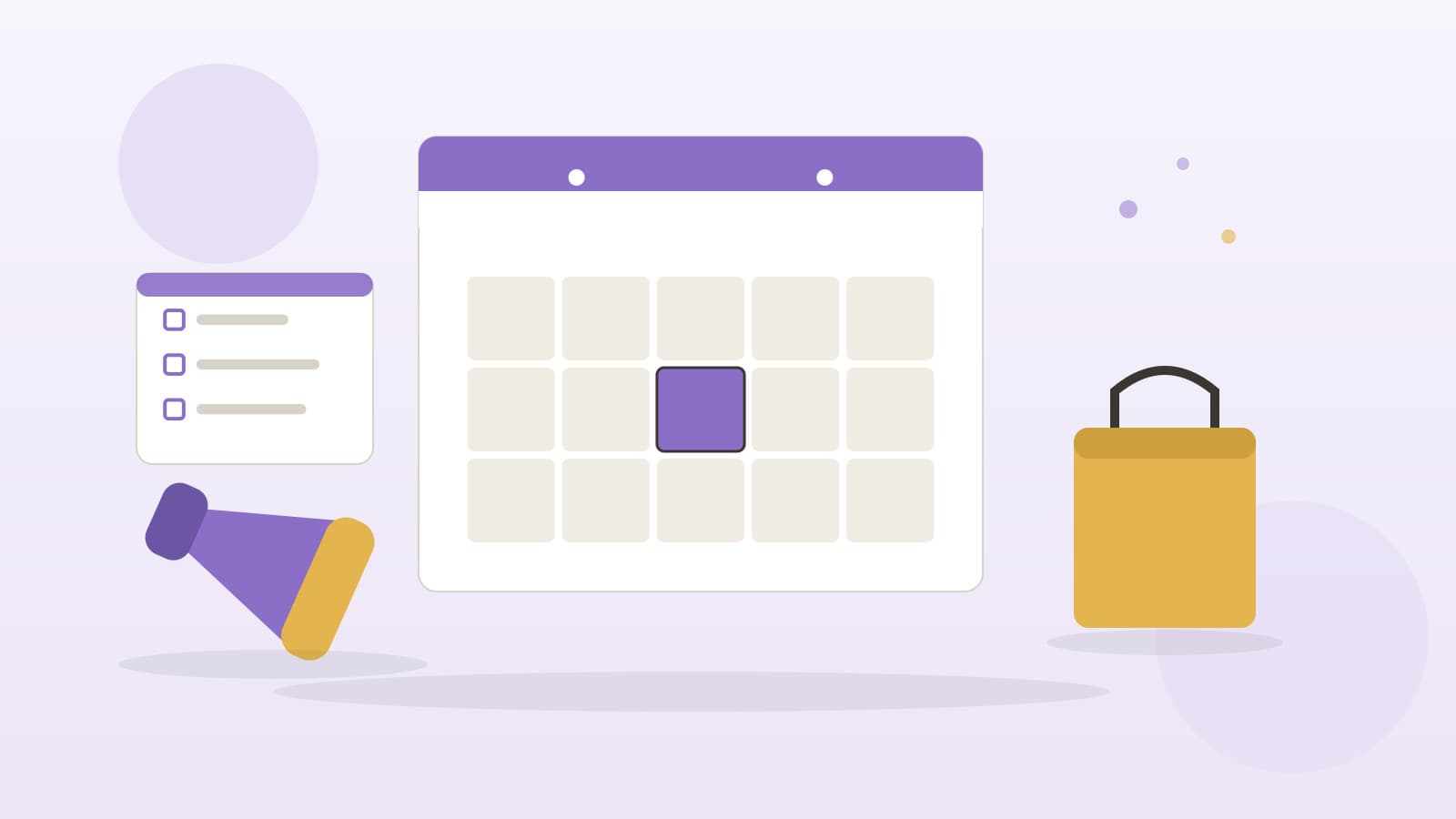 Large blank calendar with one softly highlighted tile between busy sale dates, a resting megaphone, and a small shopping bag