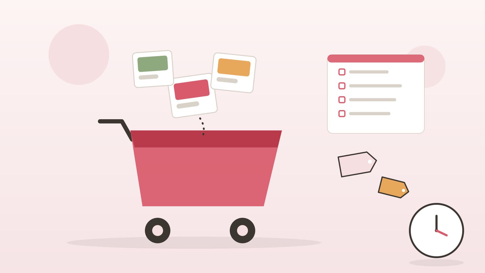 Shopping cart being filled with neatly arranged item cards beside a line-only checklist, blank price tags, and a clock without numbers