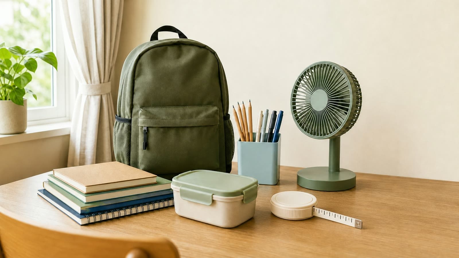 Brand-neutral school notebooks, writing tools, lunch container, backpack, organizer, and measuring tape on a study desk