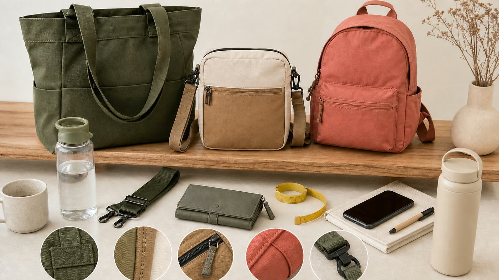 Brand-neutral backpack, tote, crossbody bag, event pouch, wallet, everyday carry items, and measuring tape