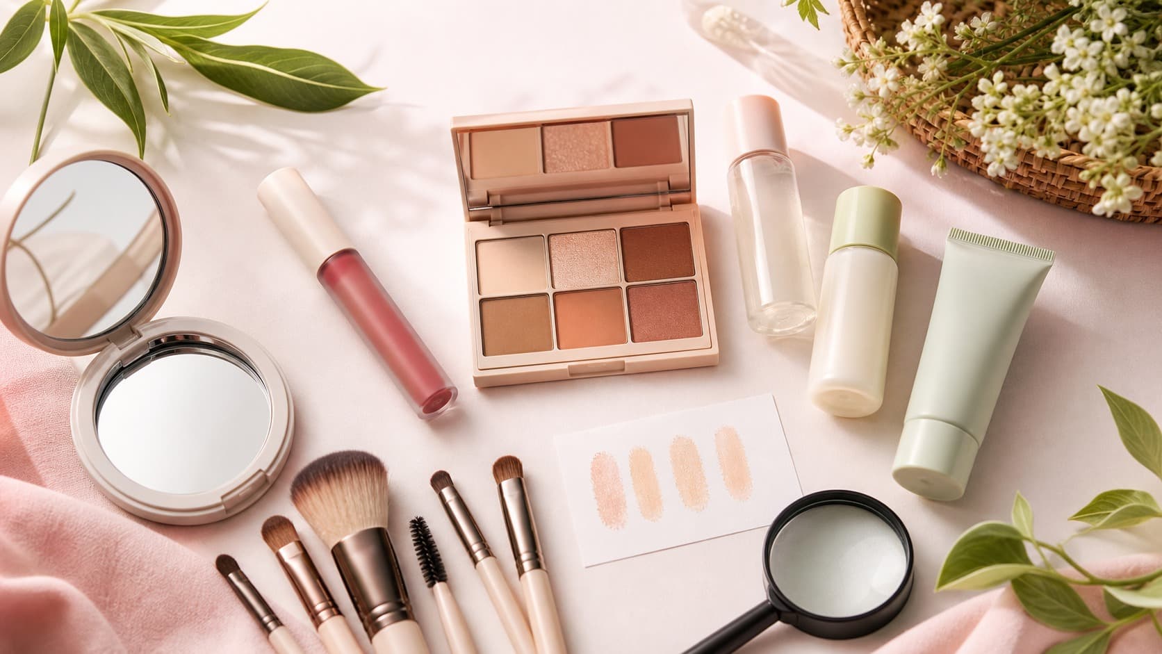 Brand-neutral beauty tools, compact mirror, lip tint, neutral makeup palette, skincare bottles, patch-test card, and magnifying glass