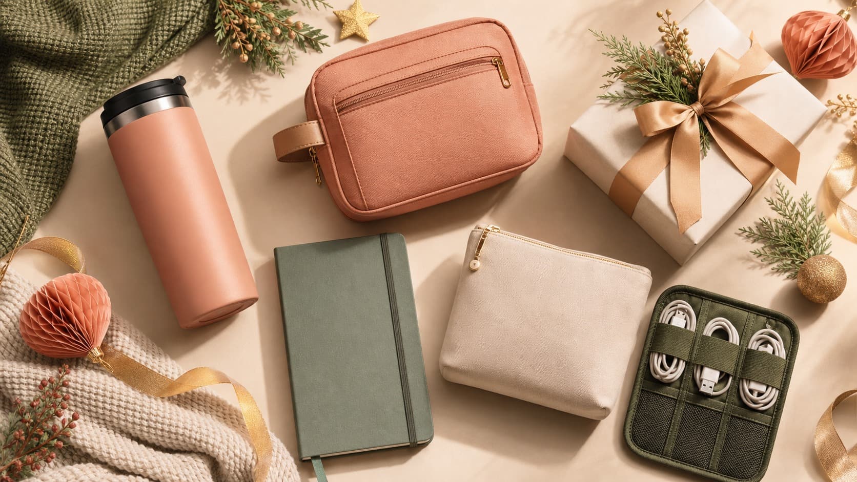 Brand-neutral tumbler, travel pouch, notebook, beauty pouch, cable organizer, and wrapped gift in a warm flat lay