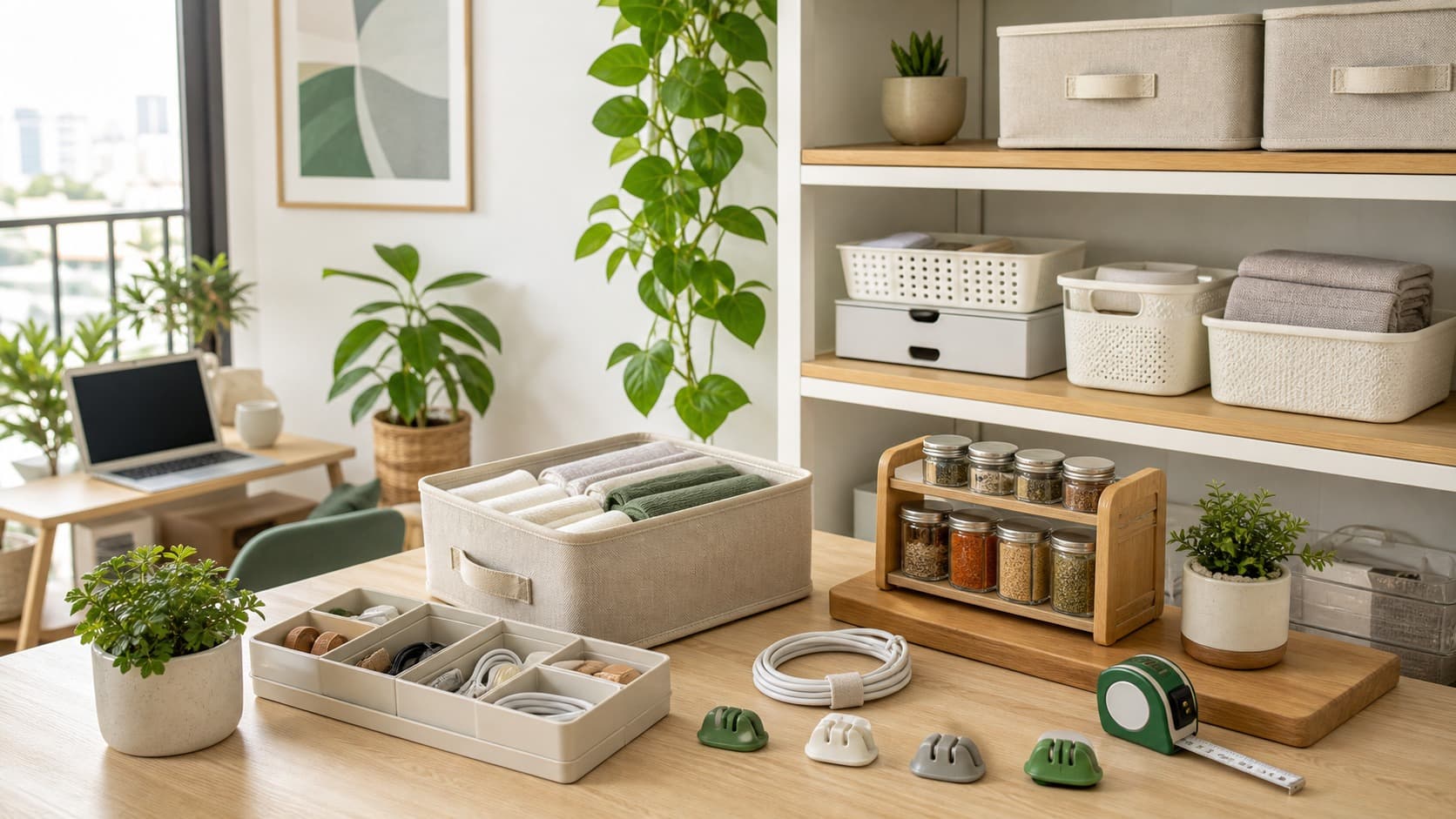 Brand-neutral storage bins, drawer organizers, cable clips, compact rack, and measuring tape in a bright apartment