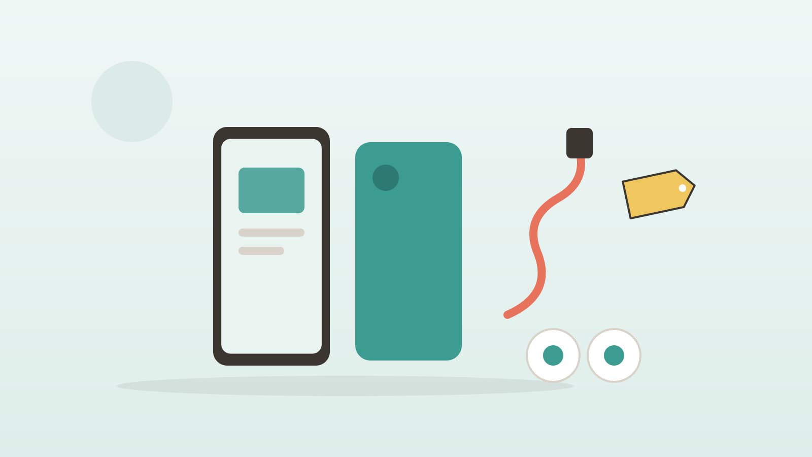 Phone beside a protective case, charging cable, earbuds, and a blank price tag in a flat illustration
