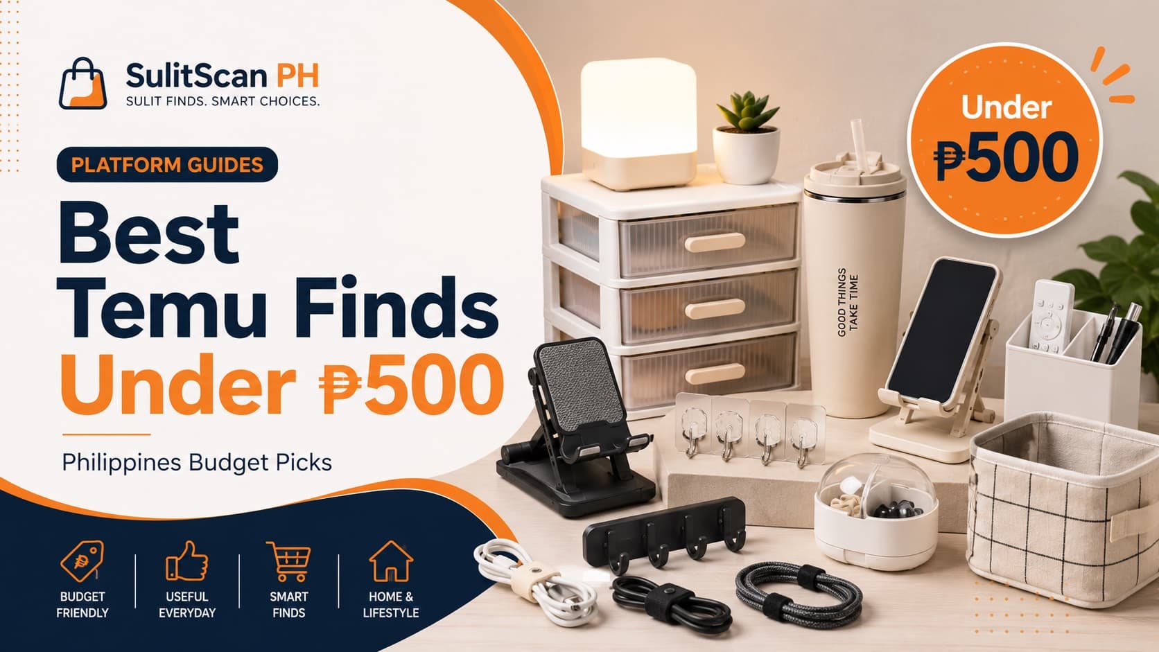 Best Temu finds under ₱500, budget home organizers, cable holders, phone stand, tumbler, and desk accessories