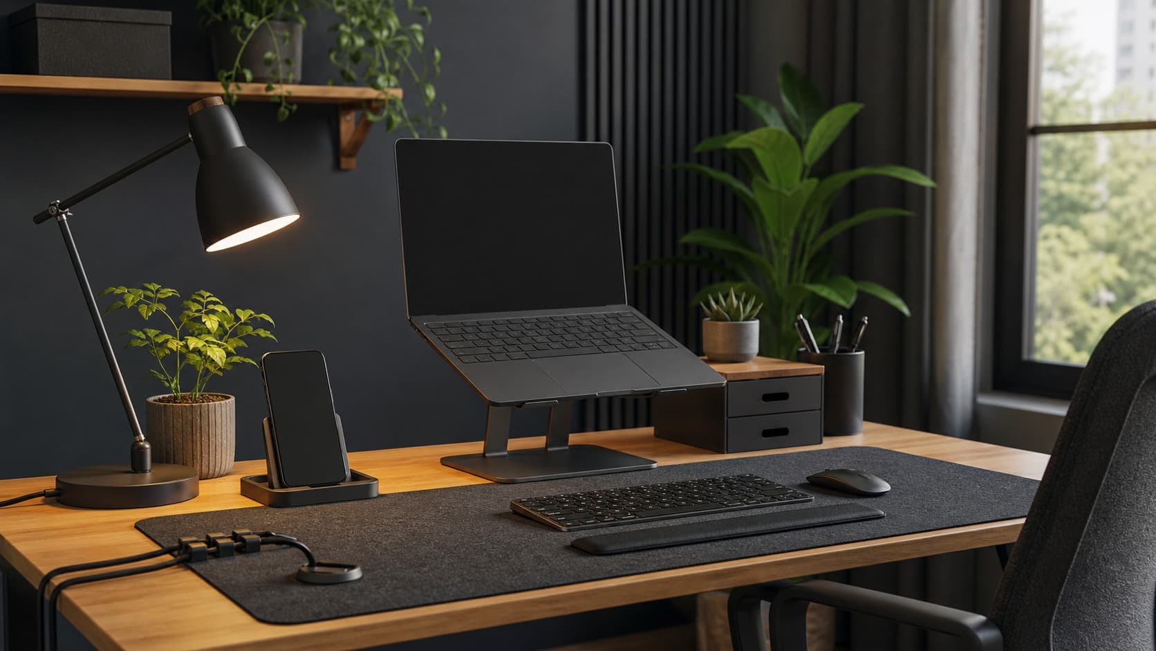 Organized compact desk with a laptop stand, task lamp, cable clips, desk mat, phone stand, and drawer organizer