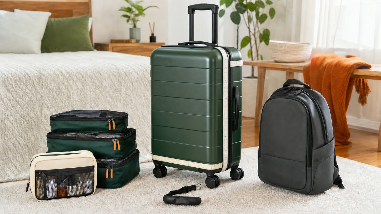 Brand-neutral carry-on suitcase beside a tape measure, luggage scale, airline-rule card, wheel, handle, zipper, and packing cubes