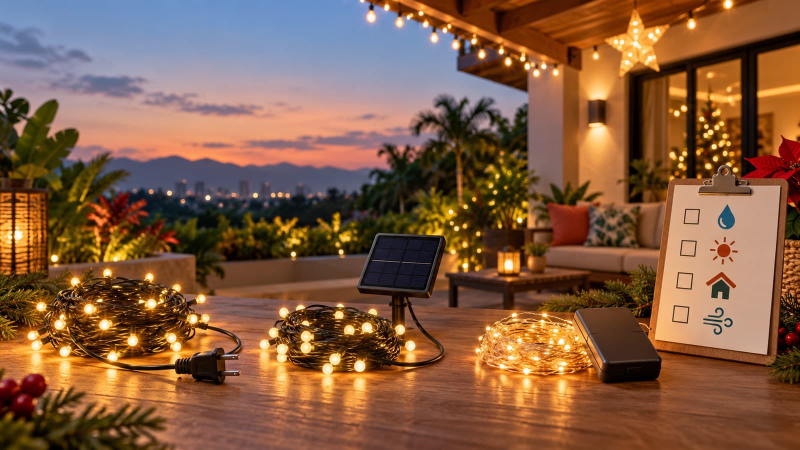 Christmas lights buying guide with plug-in string lights, solar panel, battery pack, outdoor shelter, and safety checklist symbols