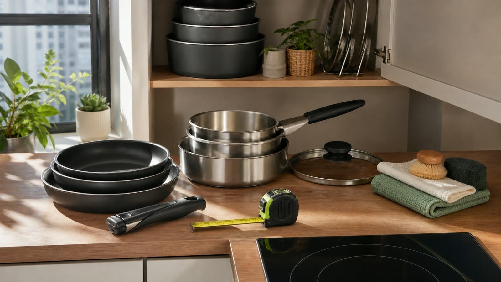 Brand-neutral cookware set with pots, pan, lids, detachable handle, induction hob, cabinet outline, and measuring tape