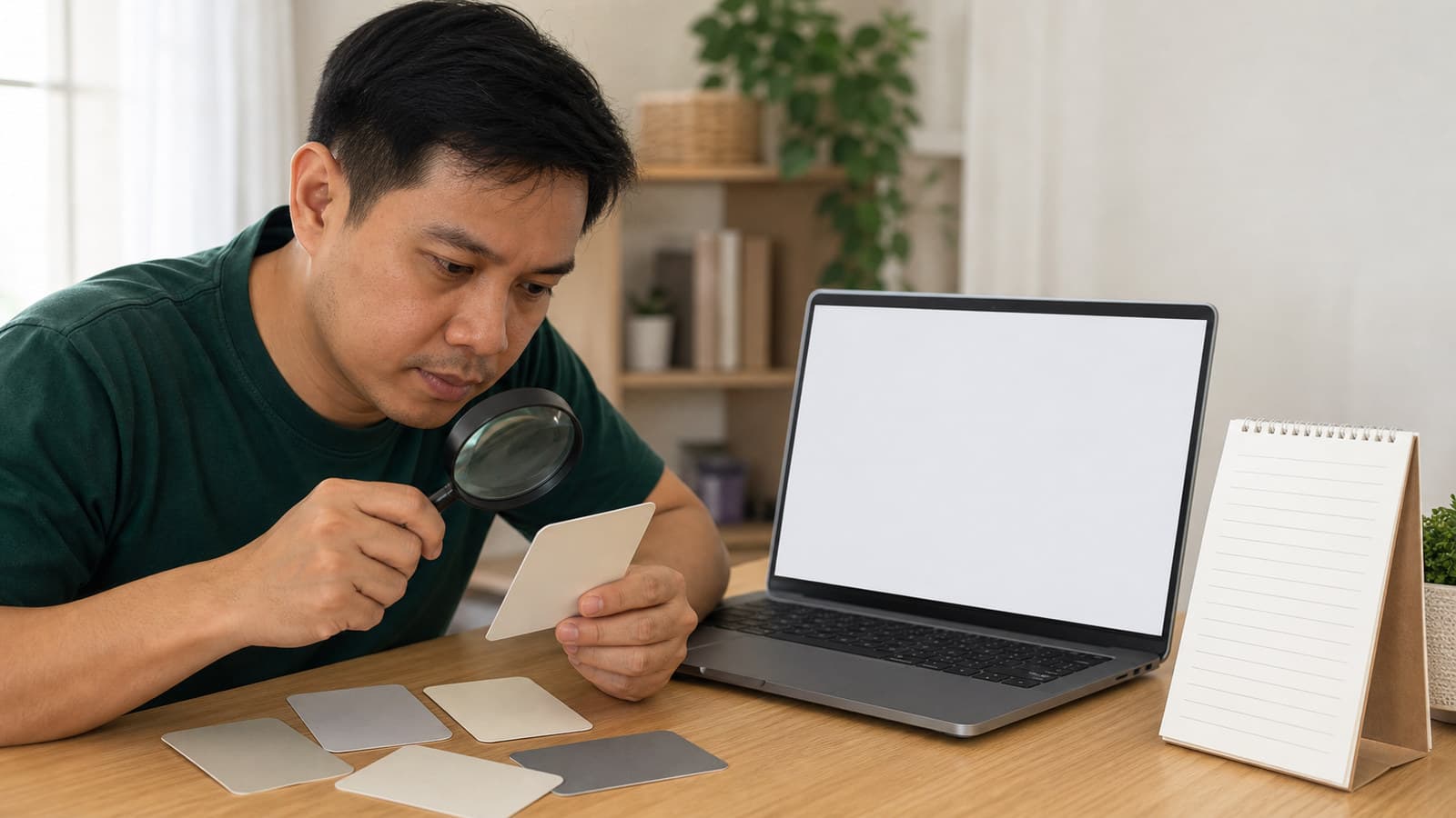 Magnifying glass checking abstract seller verification cards beside a laptop and official-domain checklist