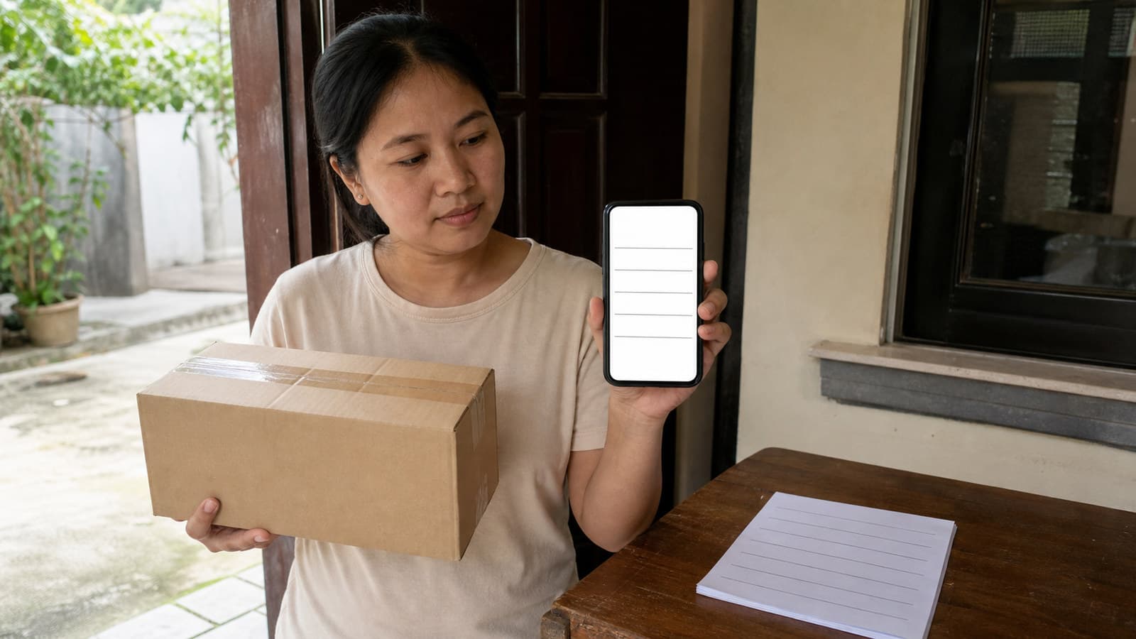 Household member comparing an unopened COD parcel with a phone order list before payment