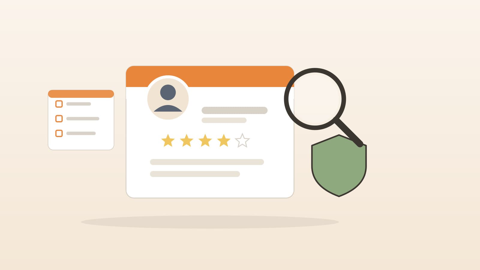 Seller profile card with avatar and rating stars under a magnifying glass beside a trust shield and verification checklist