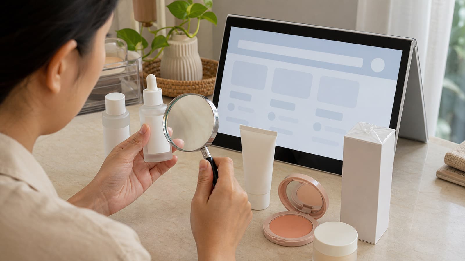 Shopper inspecting blank skincare and makeup packaging with a magnifying glass beside an abstract registry screen