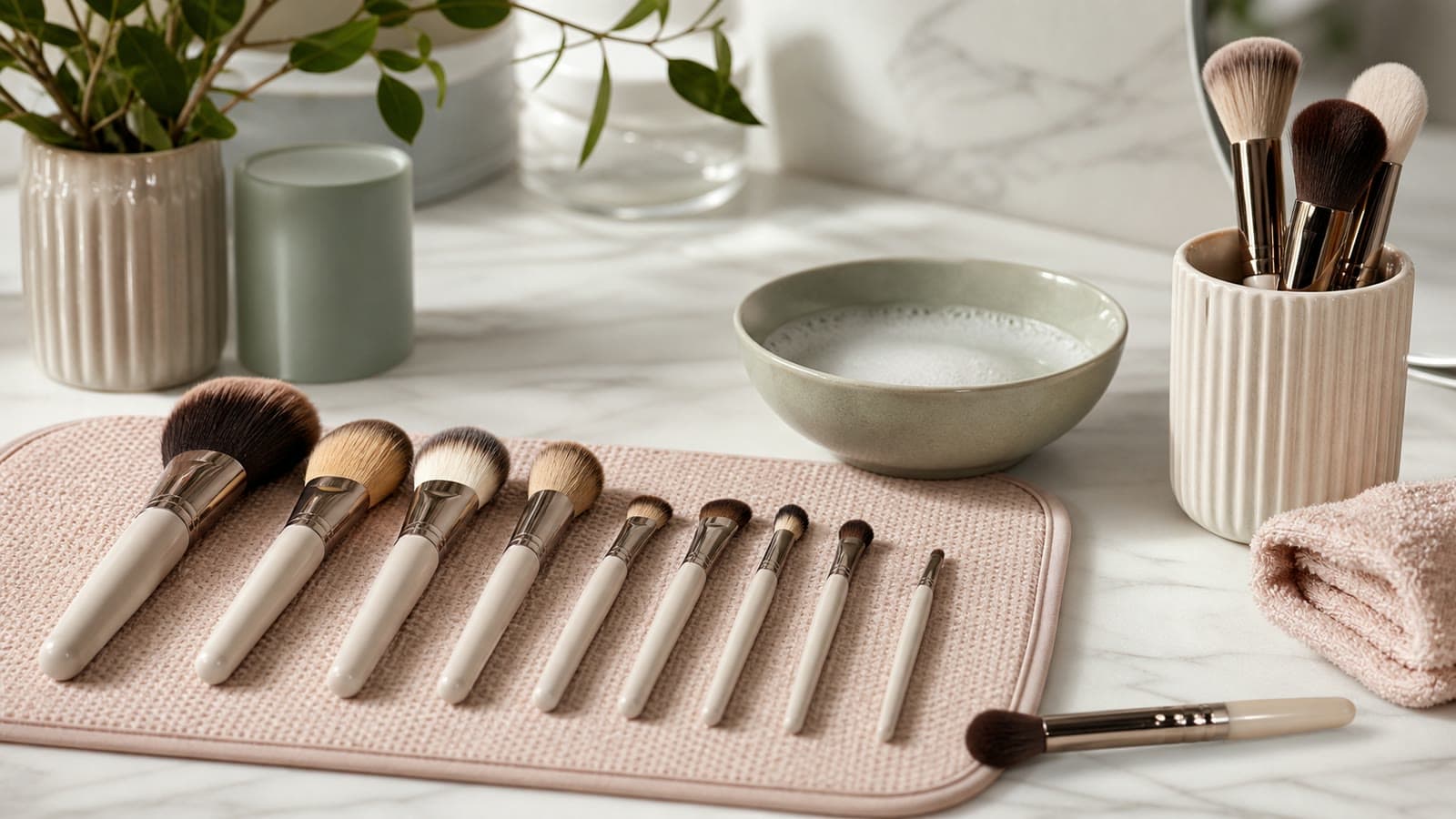 Brand-neutral small beginner makeup brush set grouped by face and eye roles with ferrule detail, cleaning bowl, and drying towel
