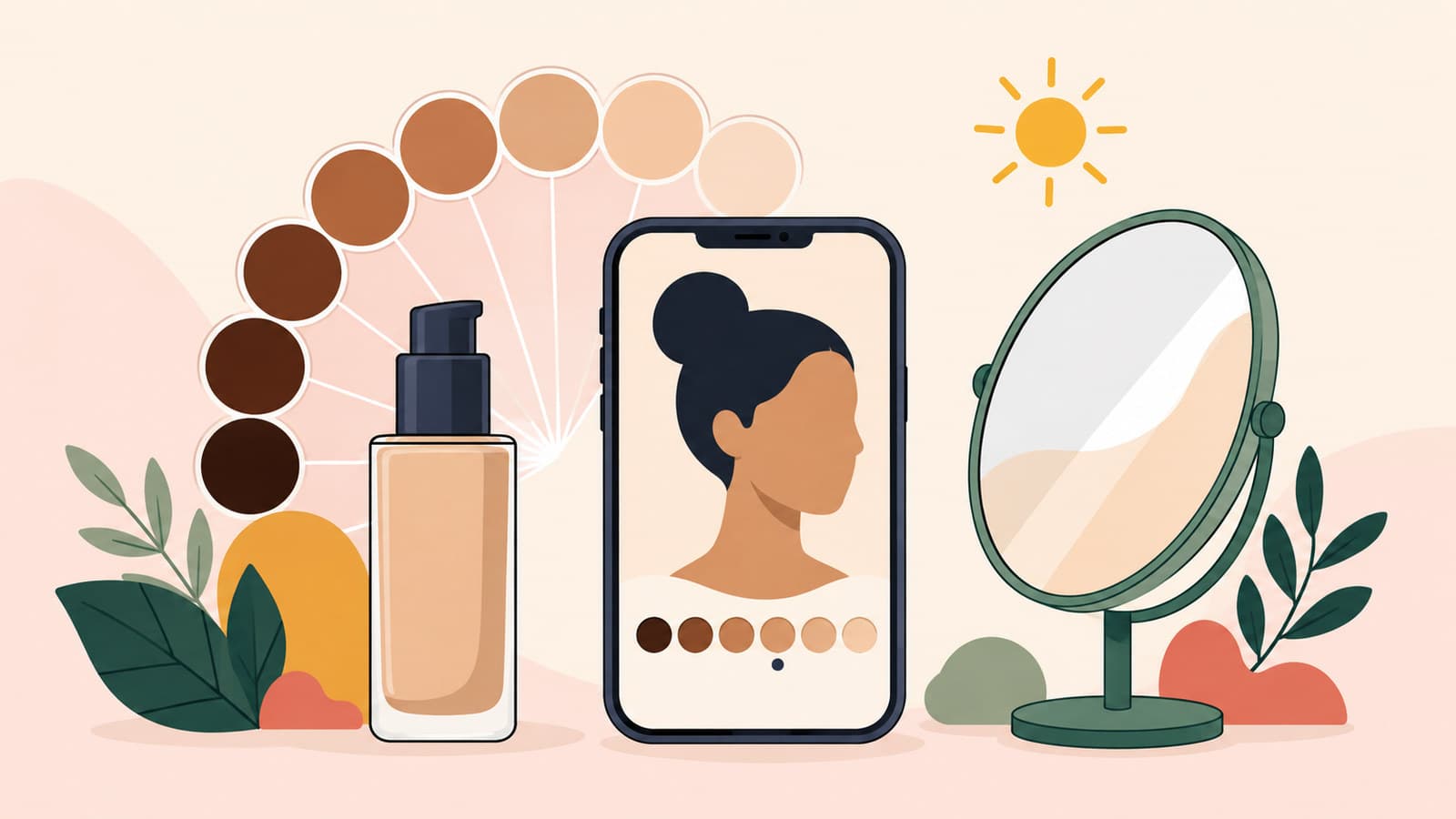 Online foundation shade matching guide with inclusive swatches, unbranded bottle, abstract virtual try-on screen, daylight symbol, and mirror