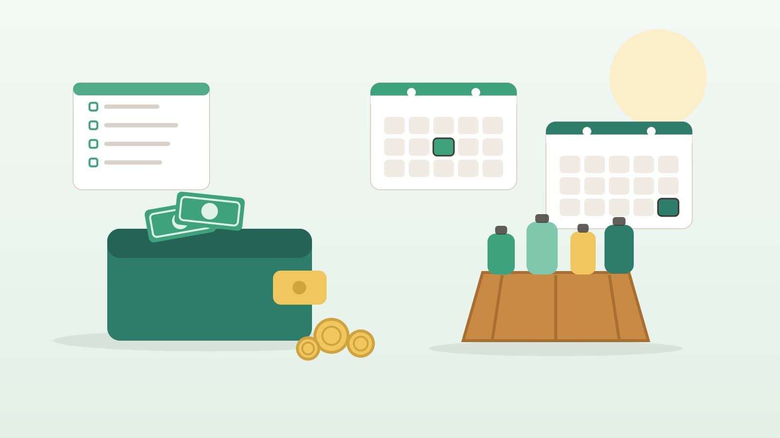 Wallet with blank peso bills and coins beside two calendar cards, a household restock basket, and a line-only budget list