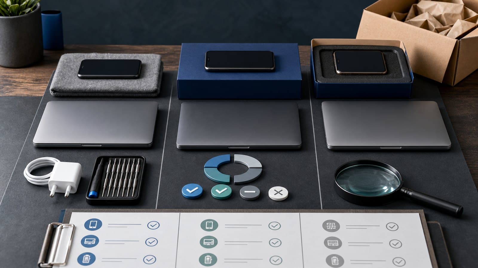 Refurbished, used, and open-box electronics comparison with a phone, laptop, condition checklist, charger, and packaging
