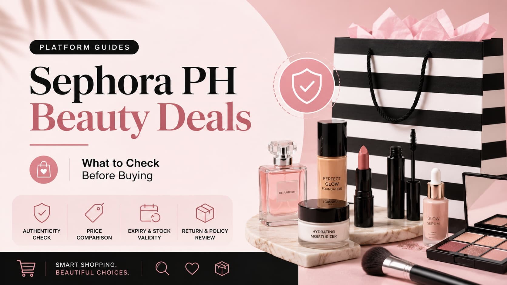 Sephora PH beauty deals, skincare, makeup, and fragrance with authenticity, price, expiry, and return check icons