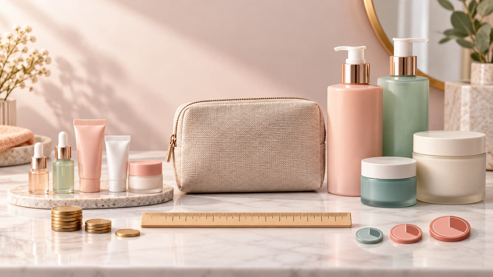 Beauty value set comparison with miniature and full-size unbranded skincare bottles beside a pouch, ruler, and cost-per-use symbols