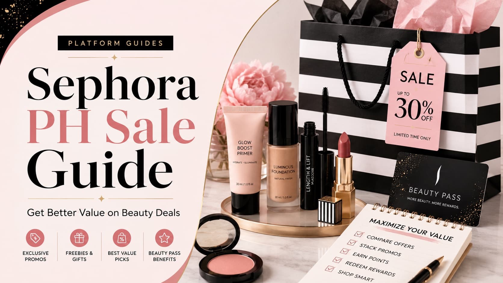 Sephora PH sale guide, beauty products with up to 30% off, Beauty Pass rewards card, and a maximize-your-value checklist