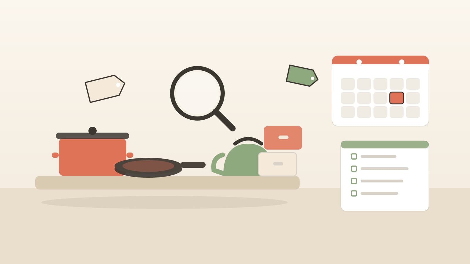 Kitchen counter with cookware, storage organizers, a blank calendar, and a line-only checklist weighing which sale purchases are worth it