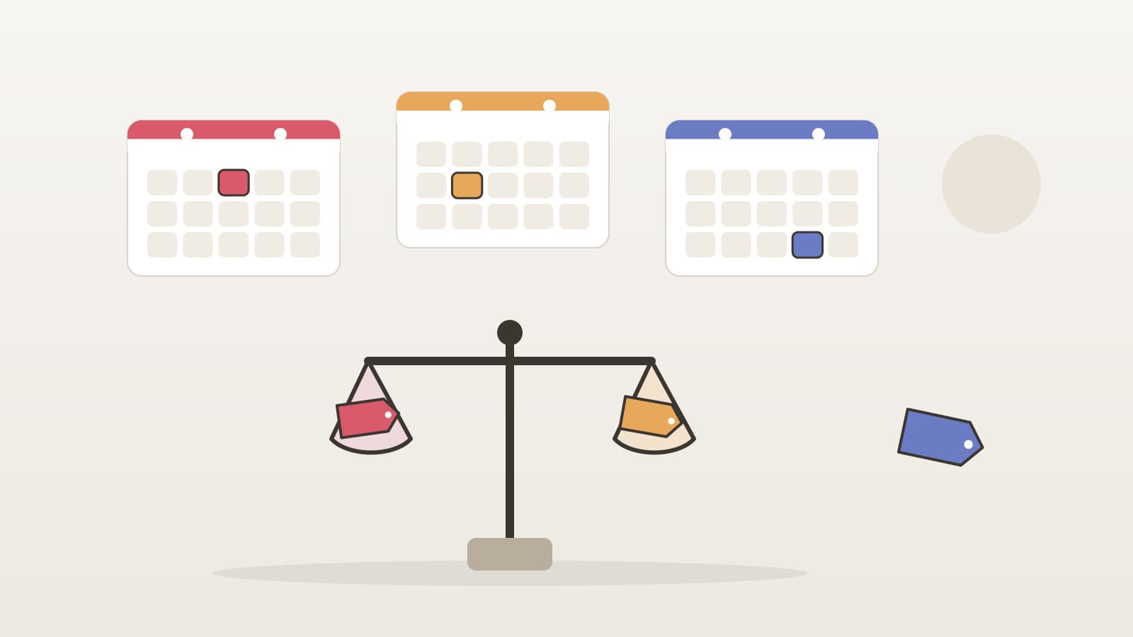 Three calendar cards highlighting different blank sale dates above a balance scale weighing two blank price tags