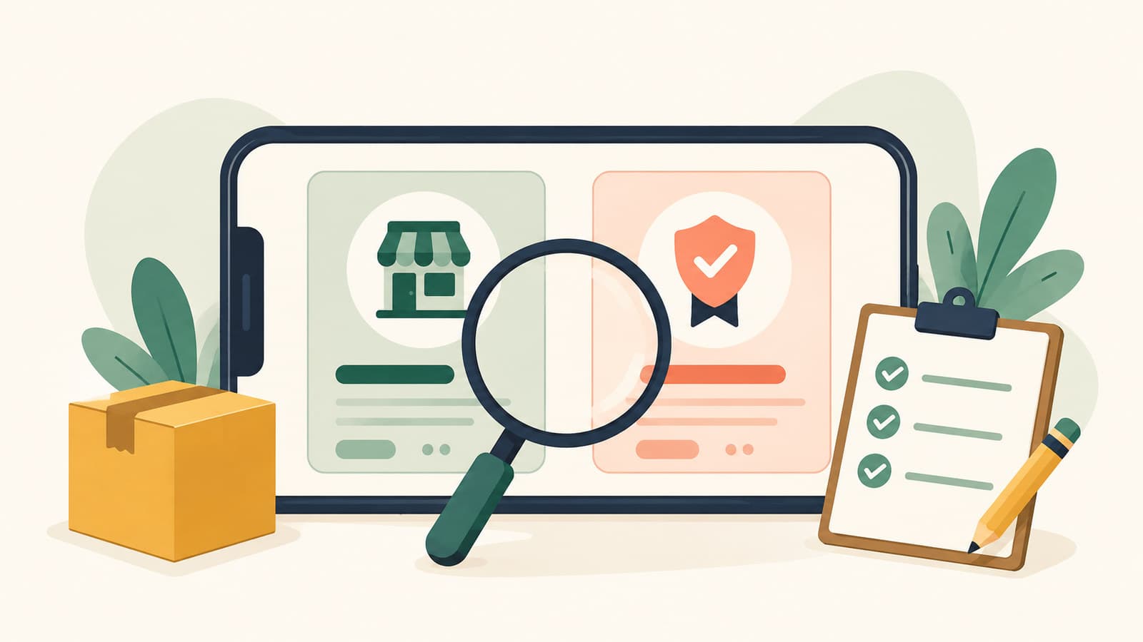 Marketplace seller comparison with two abstract profile cards, storefront and trust badges, magnifying glass, parcel, and checklist