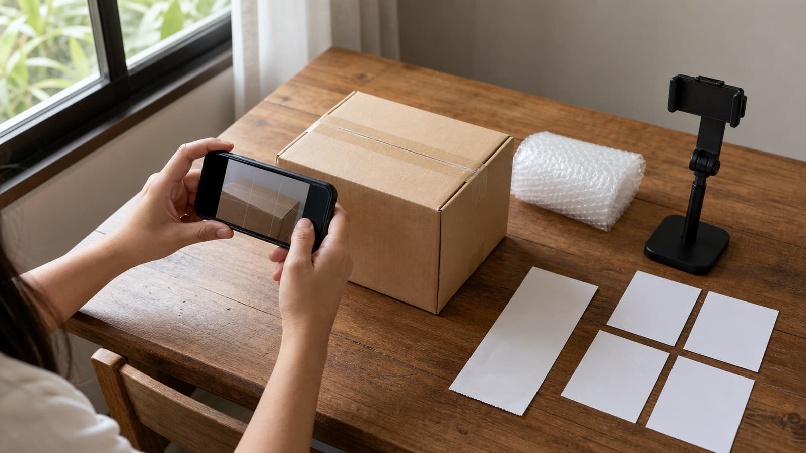 Parcel return evidence scene with a phone, sealed box, receipt, and organized photo documentation
