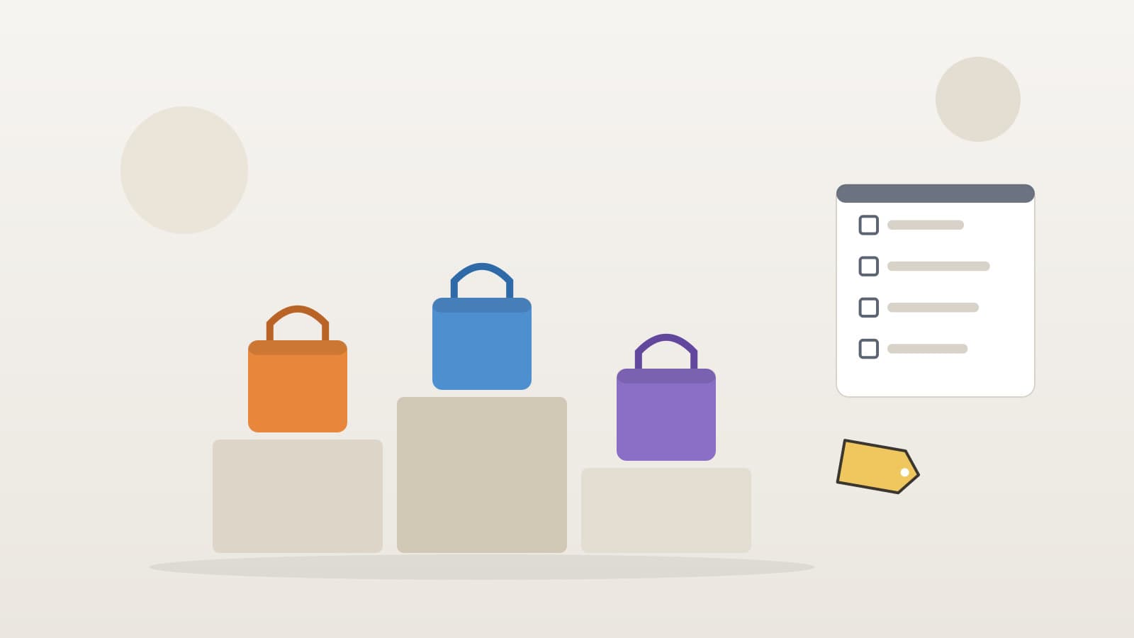 Three shopping bags in different colors on podium blocks beside a marketplace comparison checklist and a blank price tag