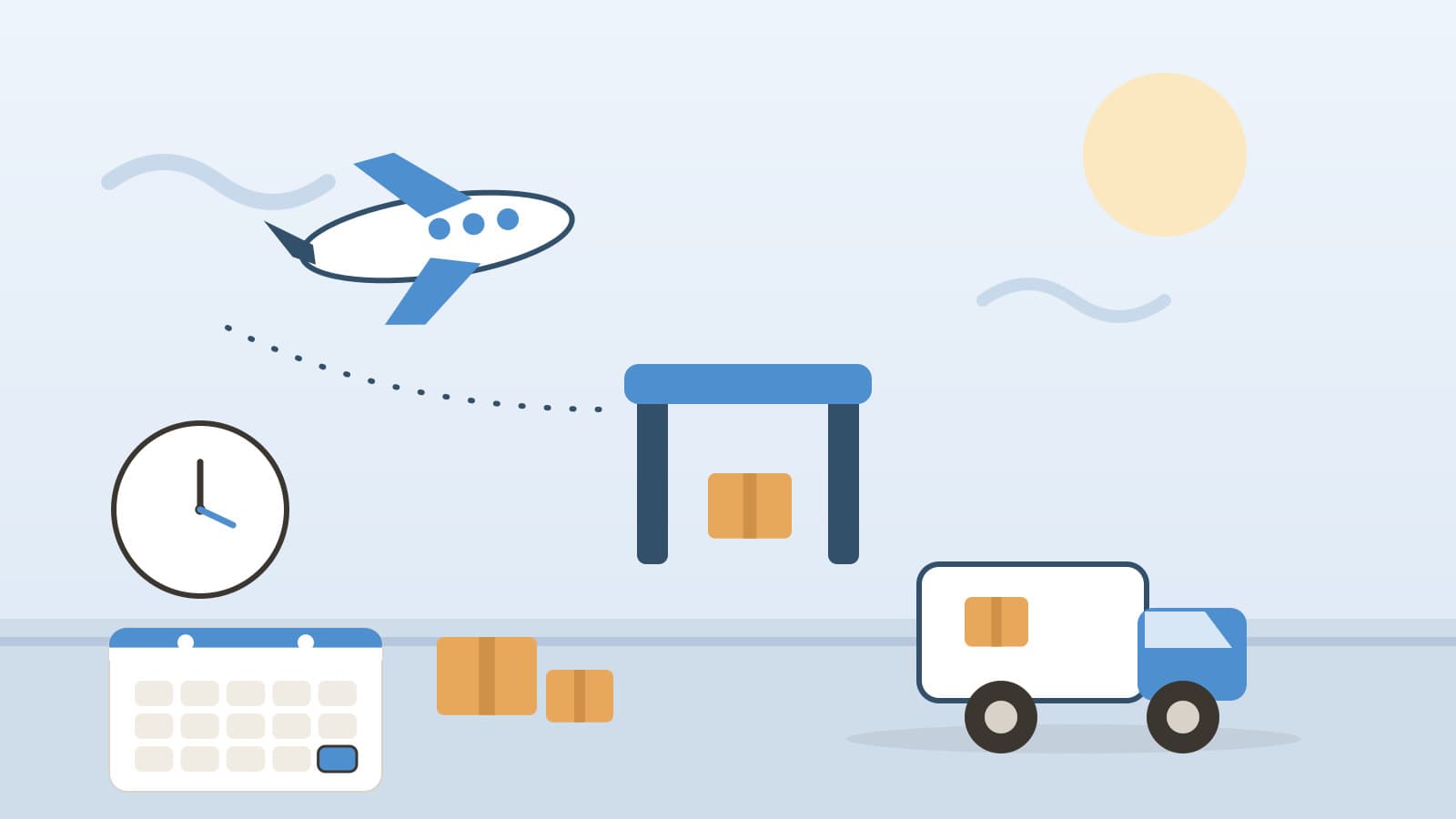 Parcel route illustration with a cargo plane, customs checkpoint, delivery van, blank calendar, and a clock without numbers