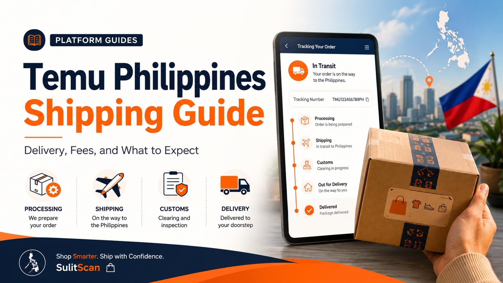 Temu Philippines shipping guide, order tracking screen showing processing, shipping, customs, and delivery stages