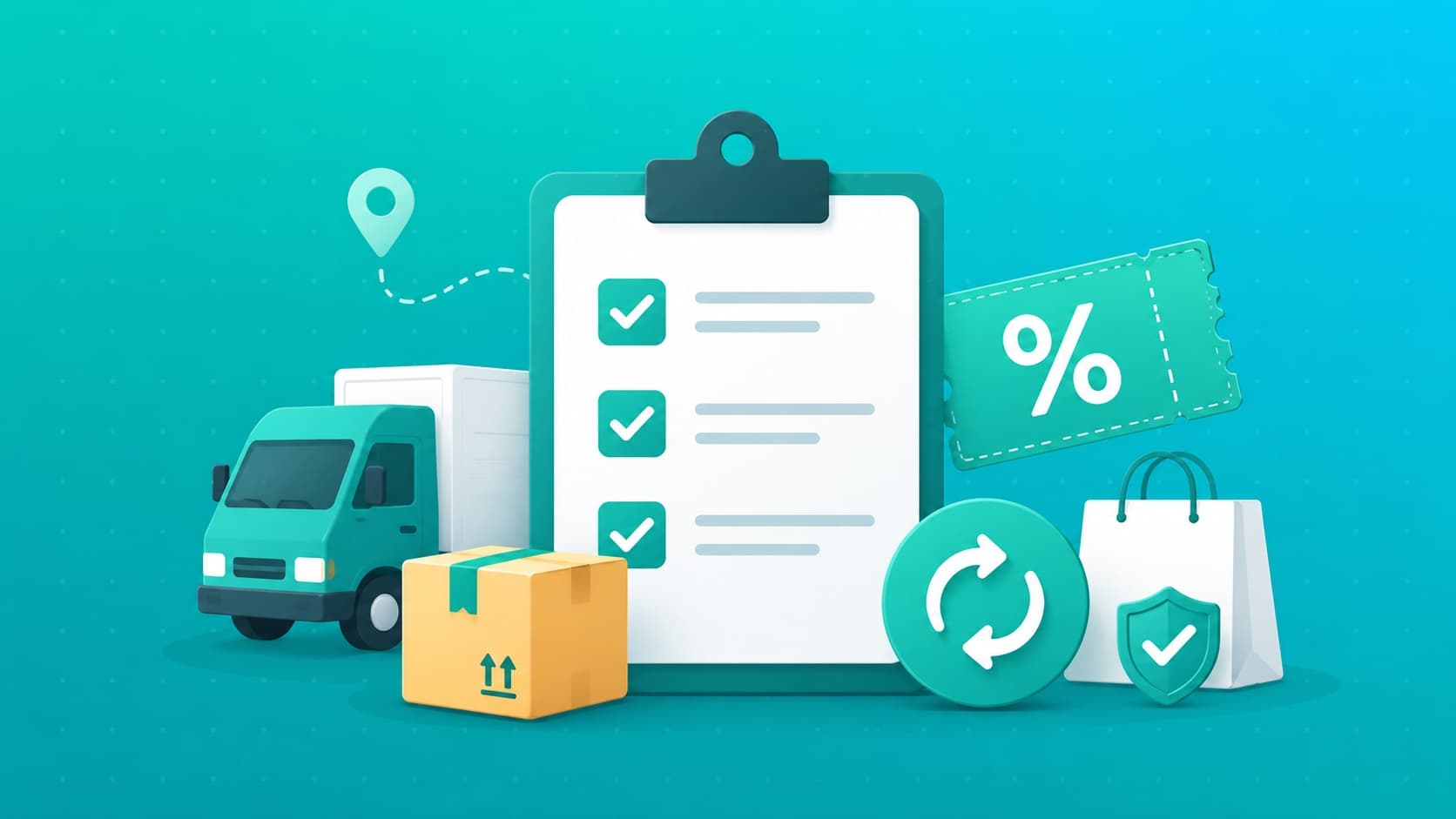 Illustration of an online shopping checklist with delivery, voucher, and return icons
