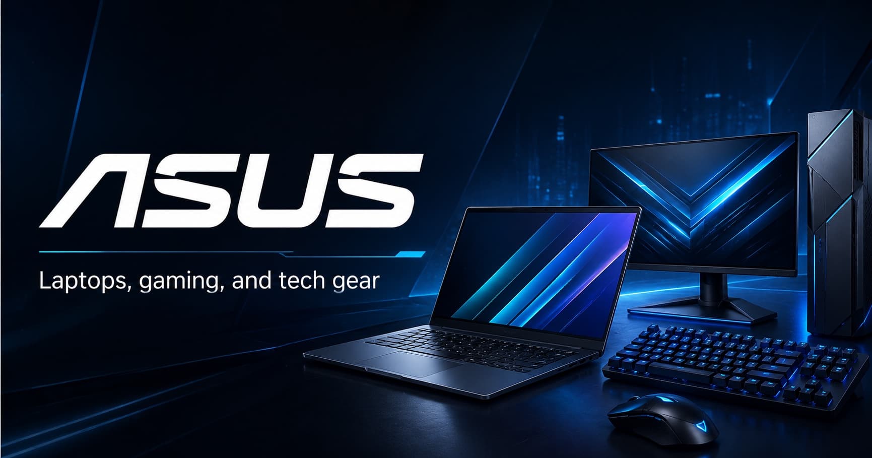 ASUS banner showing laptop, monitor, keyboard, and gaming tech gear