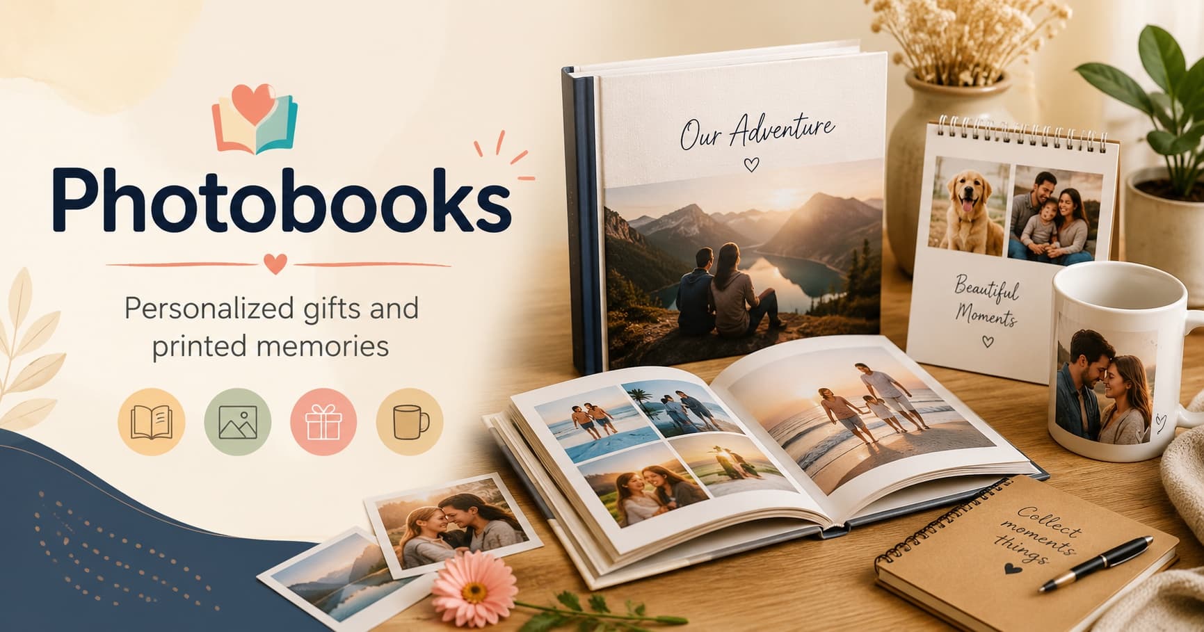 Photobooks banner showing personalized photo books and printed gift items