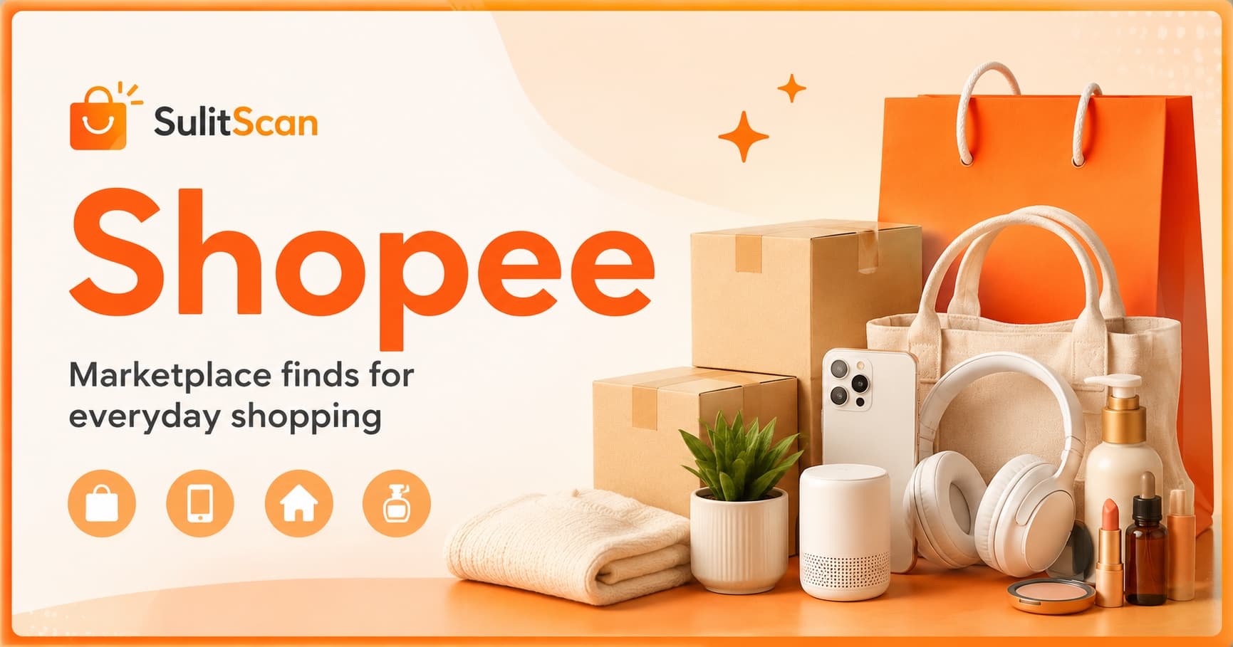 Shopee banner showing shopping bags, packages, and everyday marketplace products
