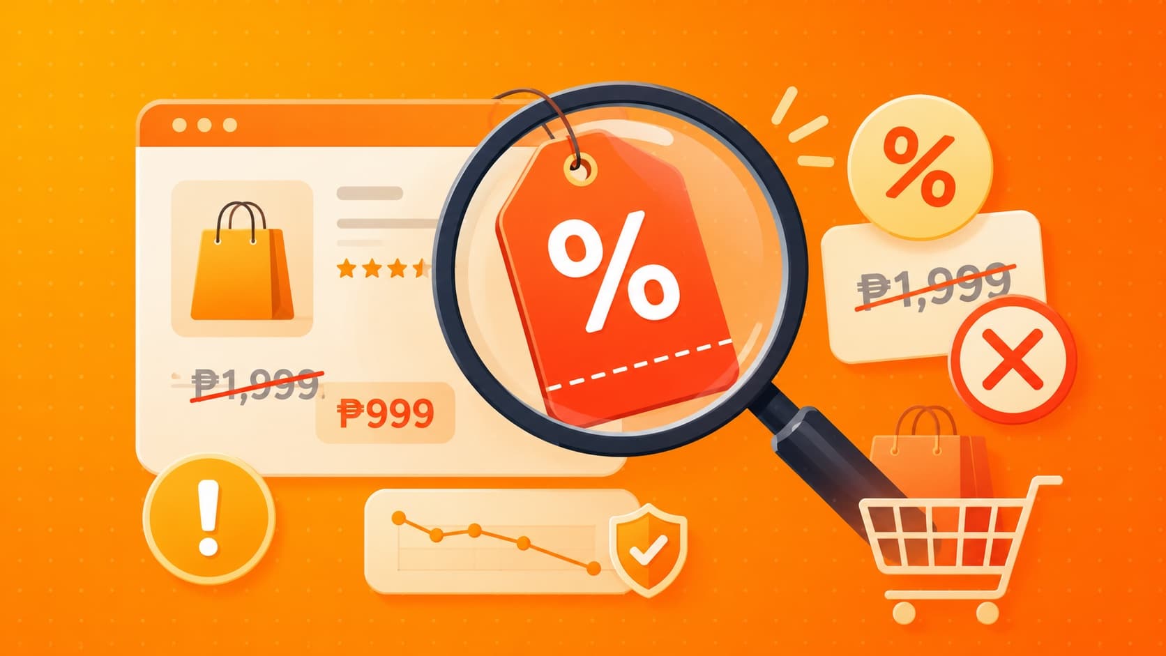 Illustration of a magnifying glass checking discount tags and fake sale pricing