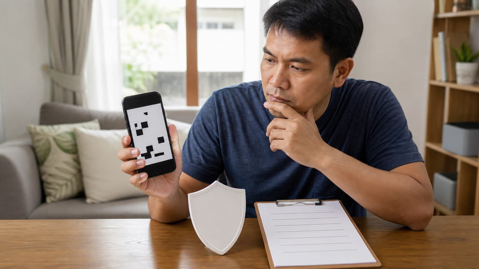 Shopper inspecting a non-scannable abstract QR pattern on a phone beside a shield and payment checklist