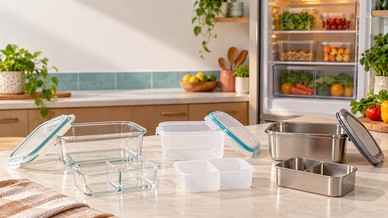 Food storage container comparison with glass, plastic, and stainless containers beside portion dividers, lids, and a refrigerator shelf