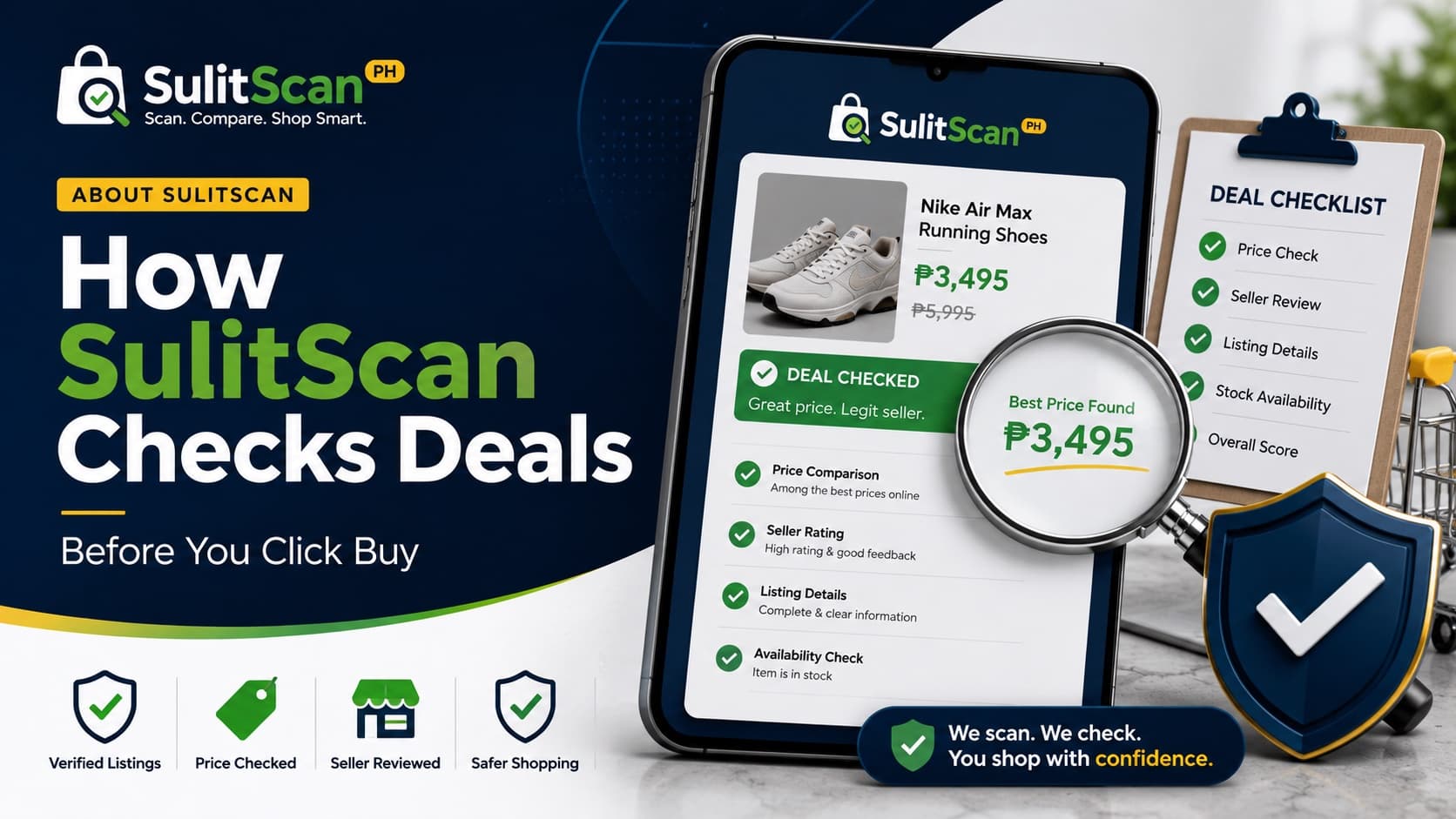 How SulitScan checks deals, phone showing a checked deal with price comparison, seller rating, and a deal checklist