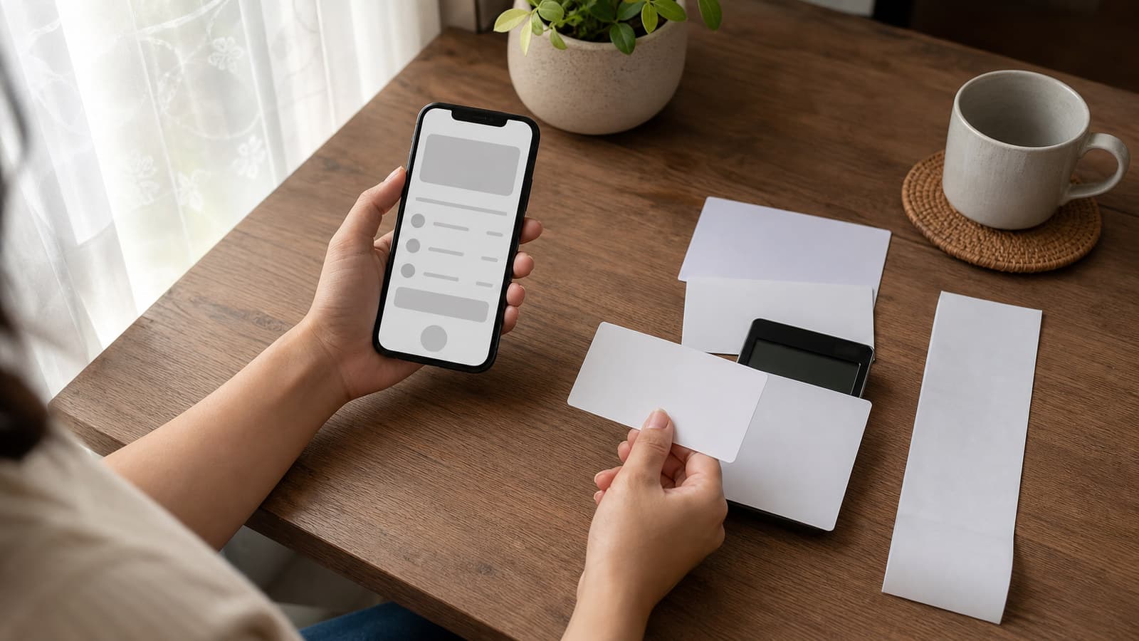 Philippine shopper comparing a generic phone checkout with blank voucher cards, a calculator, and a receipt