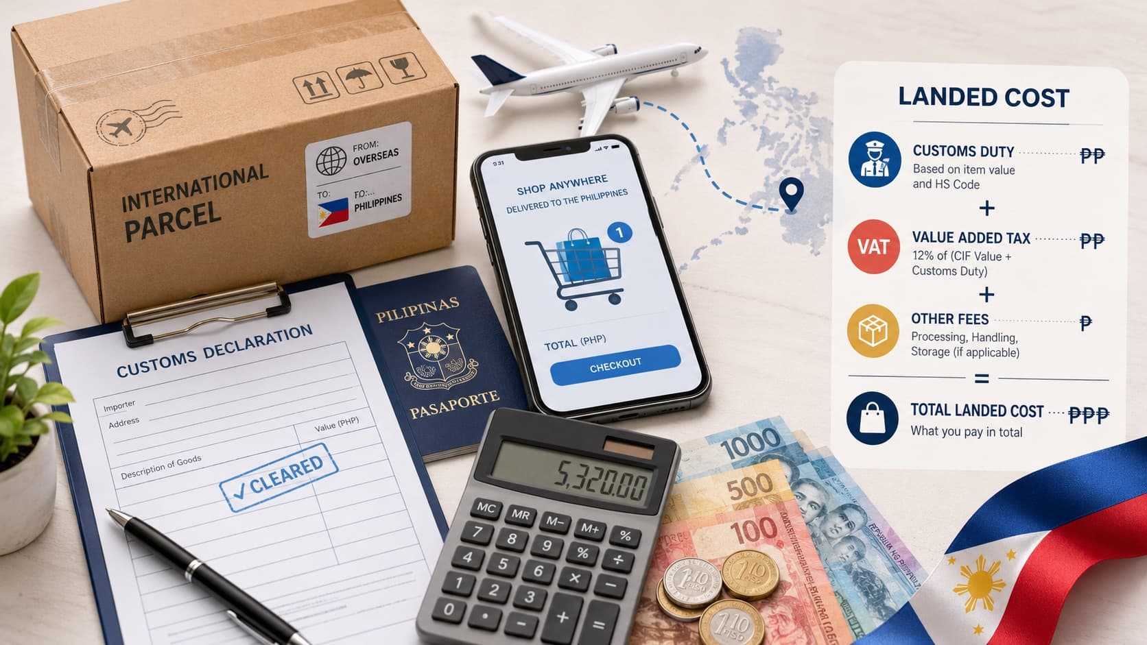 International parcel from overseas to the Philippines with a customs declaration, calculator, peso bills, and a landed-cost breakdown