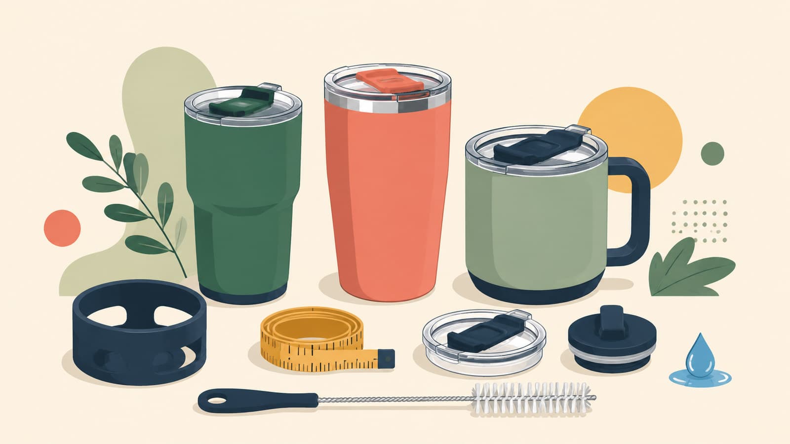 Insulated tumbler buying guide with three lid styles, cup-holder ring, measuring tape, removable parts, cleaning brush, and leak-check droplet