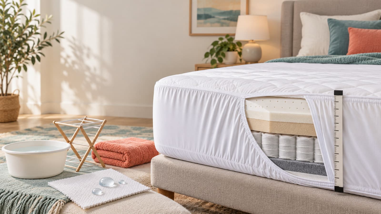 Mattress protector buying guide with a cutaway mattress, fitted protector, depth measurement, water droplets, and washing symbols