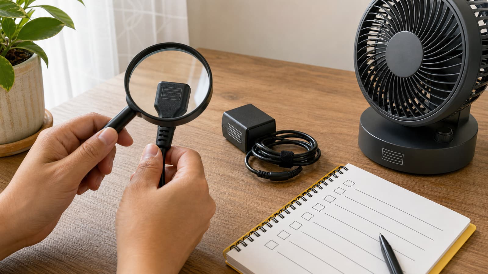 Shopper inspecting an unplugged cord housing with a magnifying glass beside a charger, fan, and blank checklist