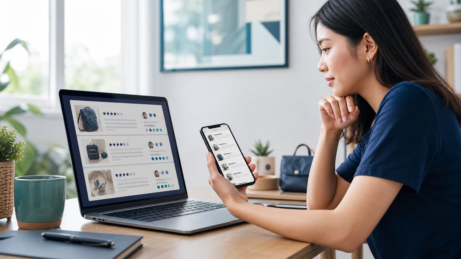 Filipino online buyer comparing detailed product reviews, variant information, ratings, and buyer photos on a laptop