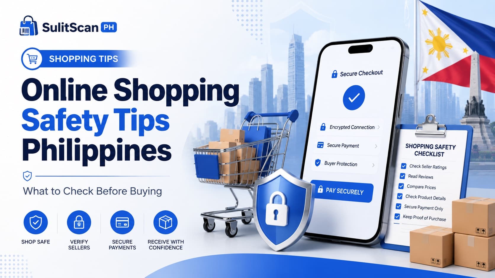 Online shopping safety tips Philippines, secure checkout screen, shield lock, and a shopping safety checklist